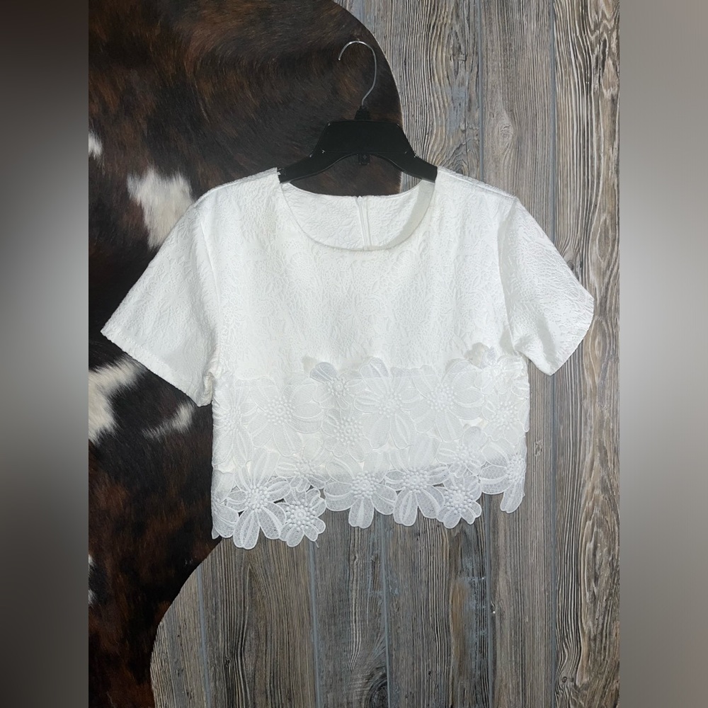 Elegant unbranded crocheted lace bright white short sleeve crop top size medium